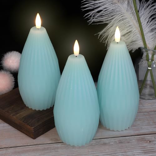 Image of Blue Ribbed Flameless Candles Battery Operated with Remote Flickering Realistic LED Real Wax Decorative Candle Geometric Aesthetic Modern Ocean Decor for Home Table Fireplace, 3 Pack