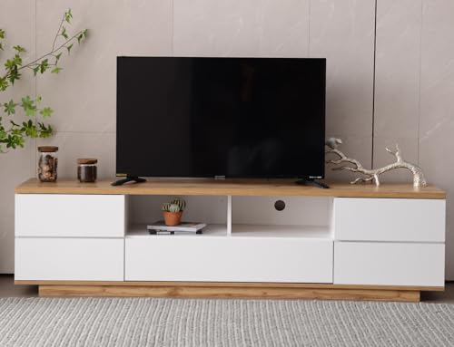 JOROBURO Moderno mueble de TV blanco de 70 pulgadas con diseño de panel de madera, elegante y funcional para sala de estar