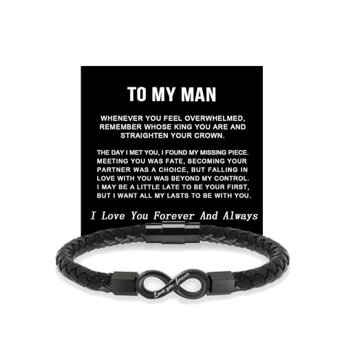LIU JUN To My Man Infinity Leather Bracelet, Love You Forever Stainless Steel Valentine Birthday Christmas Wristband Gifts Jewelry