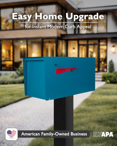 Image of Ilyapa Modern Mailbox for Outside Post Mount - Blue Powder Coated Metal Mailbox, Waterproof Letter Box for Parcels, Recessed Magnetic Close Door