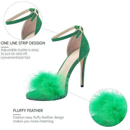 Image of YIBLBOX Women's Feather Heels Open Toe Sandal Fluffy Fur High Heel Shoes | Open Toe Slip On Stiletto Slides for Summer Party Wedding Prom Slippers Fuzzy Faux Fur