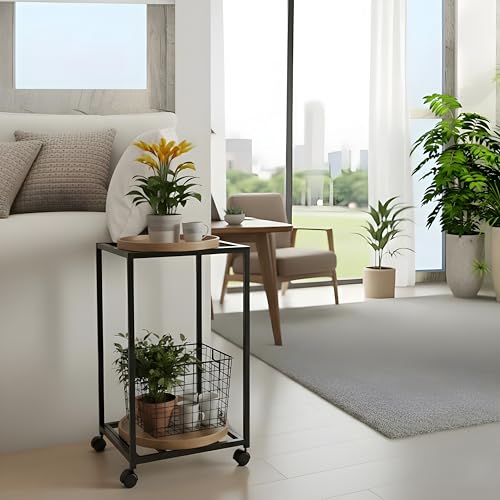 Image of 2-Tier Metal Water Dispenser Stand with Lockable Wheels ? Heavy-Duty Black Frame Cart for 20?25L Bottles, Cans & Jars | Multifunctional Kitchen & Home Storage and Mobility Solution (Black)