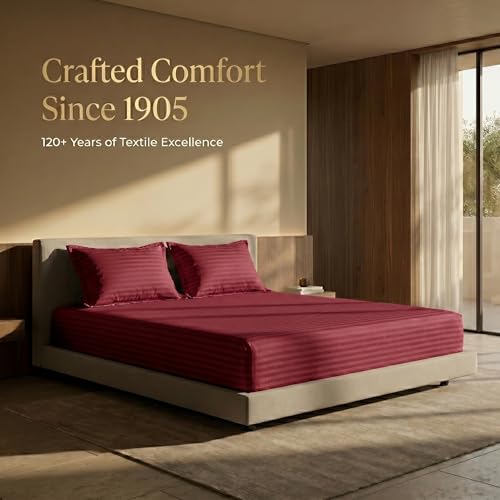 Image of Mafatlal Italian Strip Bedsheets with 2 Pillow Covers for King Size Bed | 210 TC Pure Cotton Flat Sheet Maroon | 108 x 108 Inches | Everyday Comfort & Style