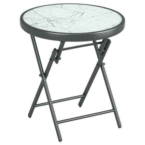Outsunny Table Basse Pliante, Table d'appoint Pliante, Plateau en Verre trempé, Structure en métal, Table de Jardin, Ronde de 45cm, pour Patio Balcon Jardin,...