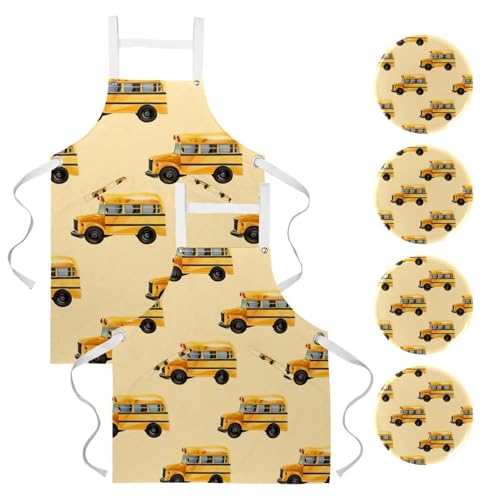 Lot de 2 tabliers de cuisine motif voiture jaune avec 4 broches multicolores