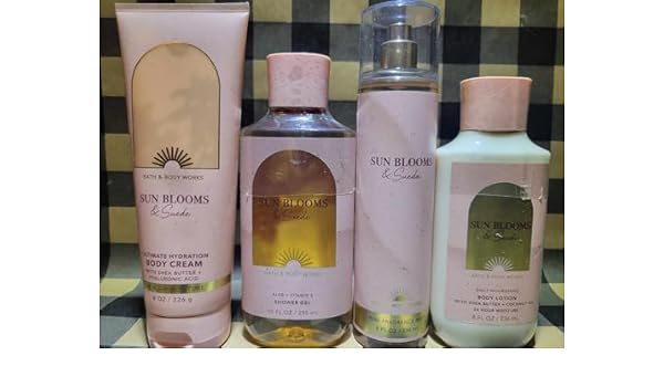 4 Sun Blooms & Suede Deluxe Gift Set Fragrance Mist bath Body Cream Shower Gel Body Lotion