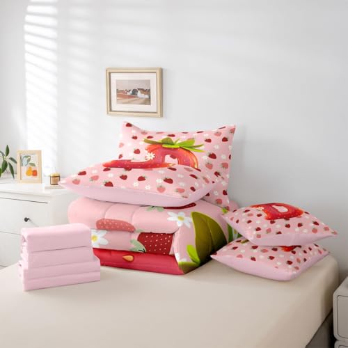 Image of Feelyou Cute Girls Strawberry Comforter Set Full Size 7 Pieces Pink Red Princess Strawberry Bedding Set Kids Initial Letter D Bed in a Bag with Comforter, Sheets, Pillowcases, Cushion Covers