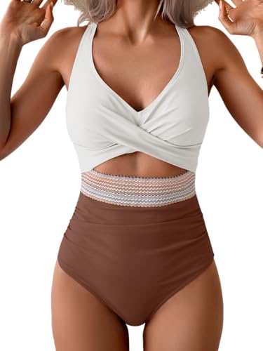 Image of B2prity Women's One Piece Swimsuit Tummy Control High Waisted Bathing Suit | Color Block,Removable Soft Cups,Cutout,V neck,Full Coverage,Adjustable Criss Cross Straps,Tie Back