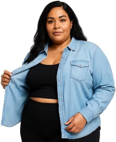 Wingzss Plus Size Light Blue Denim Button-Down Shirt, Long Sleeve, Casual Western Style, Black Contrast Stitching