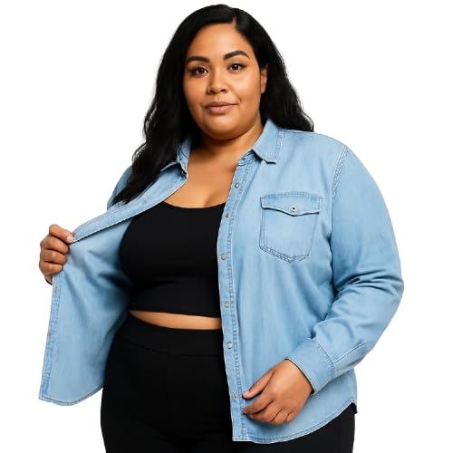Plus Size Light Blue Denim Button-Down Jacket, Long Sleeve, Western Style, Casual Wear-picture-17