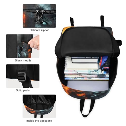 Backpack Lunch Box Set Large Capacity Travel Backpacks and Insulated Lunch Bag for Commute Hiking Picnic Wolf with Flame Print3