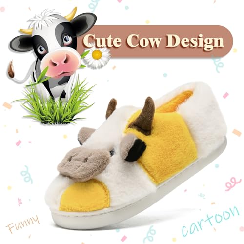 soofylia Women's Cow Slippers - Cotton Fuzzy Animal Print Cartoon Memory Foam Plush Slides - White, Brown - Size 62