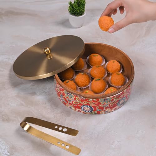 Image of Wooden Chapati Box for Kitchen - Casserole for Roti with Stainless Steel Brass Lid | Wooden Chapati Box with 1 Tong | Traditional Kitchen Organizer - Royal Red & Golden (Printed)