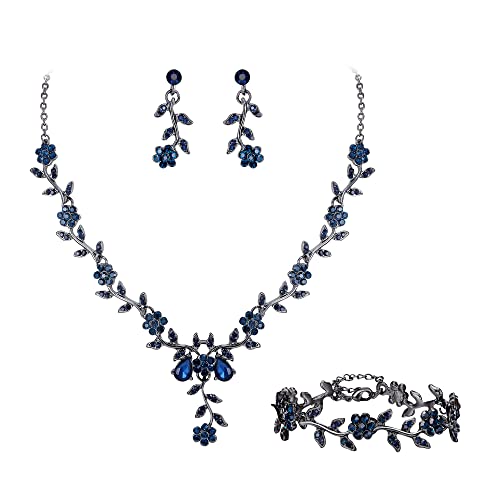 Clearine Parure Bijoux de Mariage Fête Feuille Fleur Cristal Collier Pendaison Boucles d'oreilles et Bracelet Set pour Femme Bleu Encre Ton Noir