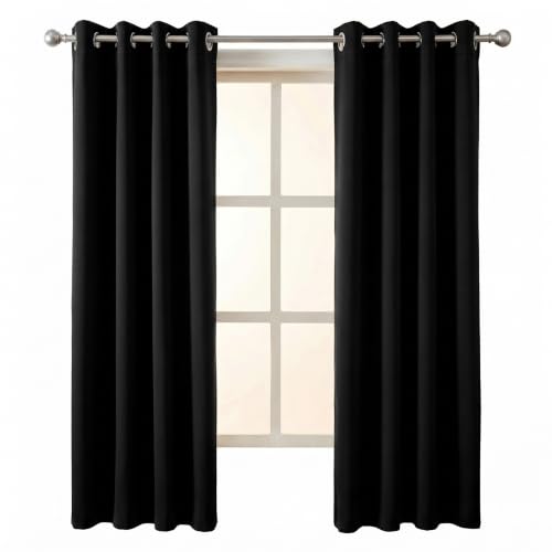 Image of 100% Blackout Window Curtains, 5 Feet, Solid Design, Faux Silk, Thermal Insulated, Noise Reducing Eyelet Door Curtain with Tie Back for Living Room & Bedroom, 115x150cm, Pack of 1 - Black