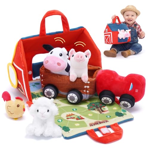 Image of OUOZZZ Farm Stuffed Animals Sensory Toys Set for Toddlers 9.4 inch Playhouse | Soft Sensory Tractor Plush, Animal Friends with Bell Sound, Activity Mat, Portable