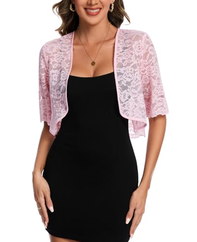 Image of MINTLIMIT Womens Floral Lace Bolero Half Sleeve Shrug Open Front Elegant Cropped Cardigan Shrugs for Evening Party Dresses