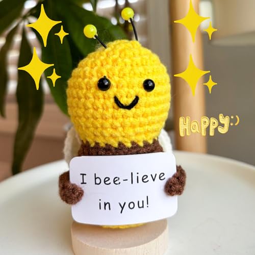 Image of Cute Emotional Support Crochet Toys Handmade Gifts with Message for Women Men Friends Coworkers, Birthday Christmas Valentine's Gift (Honeybee)