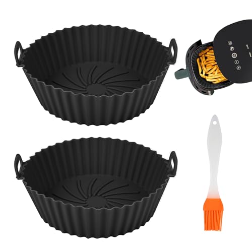 JCUGSBS 2 Pièces Moule Silicone Air Fryer,20cm Accessoire Panier de Friteuse à Air pour Philips Ninja Foodi Max Cosori Moulinex Tefal Micro-ondes,Four,Avec pinceau, noir