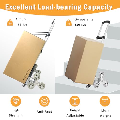 Stair Climbing Cart, Folding Hand Truck Dolly, Grocery Shopping Cart with Mute Wheels, 180lbs Weight Capacity Aluminum Hand Truck for Luggage, Travel - Thumbnail 6