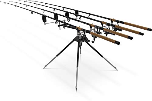 Foto von normani Rutenhalter Ruten-Set Rutenauflage Rod Pod mit Bissanzeiger und V-Auflage Rutenständer aus Aluminium für 4 Ruten mit Teleskopfüßen Angel-Ständer mit Transporttasche Farbe Schwarz