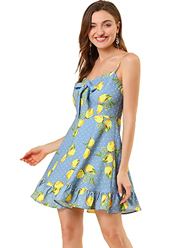 Allegra K Women's Spaghetti Strap Bowknot Ruffle Lemon Polka Dots Dress Small Gray Blue