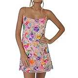 Sparkly Women Sequin Mini Dress Backless Low-Cut Rainbow Floral Spaghetti Strap Short Dress Birthday Party Cocktail Clubwear (Medium, B Pink)