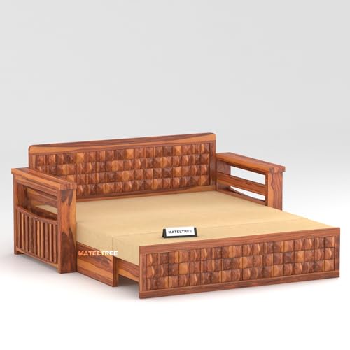 Image of Sheesham Wooden Sofa Cum Bed for Living Room with Side Pocket Storage - 3 Seater Sofa Cum Bed with Storage - 3 Person Sofa Cum Bed Wooden with Premium Cushion Seating (Honey F)