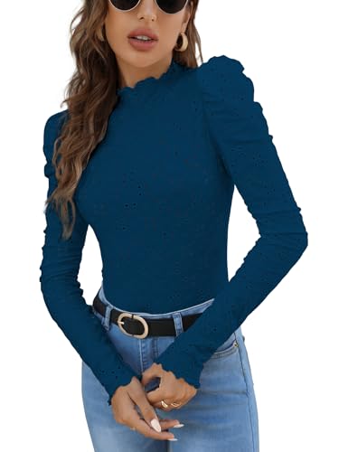 Image of Sugathari Girl's & Women's Spring /Summer Slim Fit High Neck T-Shirt with Stand Collar, Cap Sleeves and Eyelet Embroidery Frill Trim Tee Textured Sheer Fabric (T-Shirts 194 $P)
