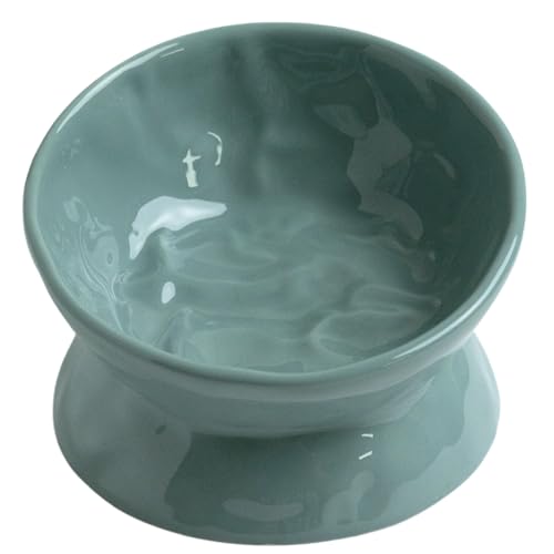 Le Serveta Ceramic Wrinkle Texture Cat Food Bowl, Raised and Tilted Pet Bowl for Food, Anti Vomiting Orthopedic Bowl for Cats and Dogs, Dishwasher Safe, Teal, Blue (Tilted)