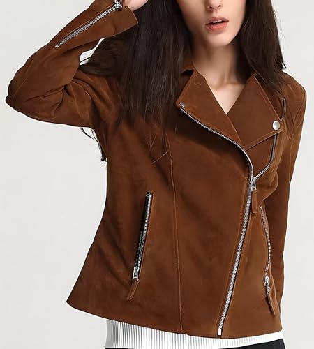 Women's Suede Leather Jacket Genuine Leather Western Fashion Jackets Brown Vintage Retro Style #042