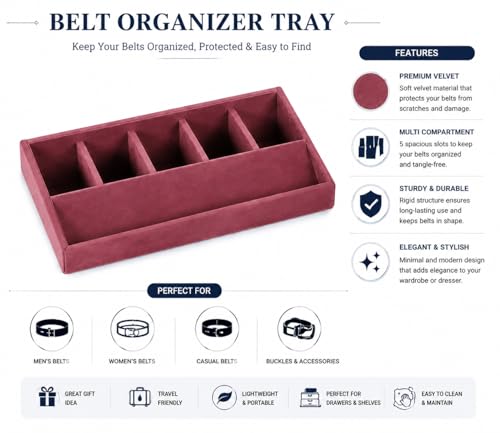 Image of La Trove 5 Slot Belt Organizer Display Tray for Men, Dark Pink | Stackable tray keeps formal, casual and leather belts arranged neatly in wardrobe, closet, drawer, dresser or dressing table