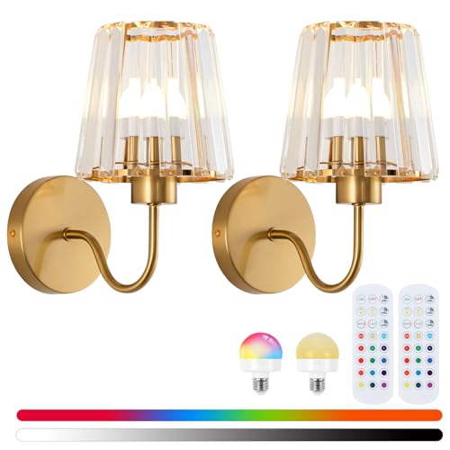 Image of EIDISUNY Crystal Battery Operated Wall Sconces, Set of 2, Gold | Wireless, RGB Rechargeable Dimmable, Vintage, Bedroom Living Room Hallway, Bulbs Included