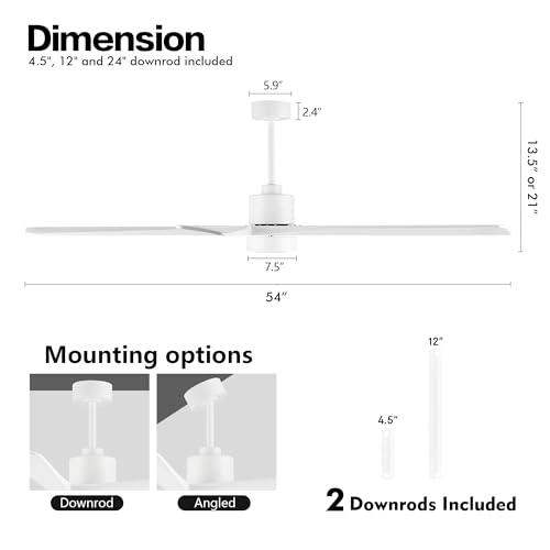 Image of WINGBO 54 inch DC Ceiling Fan with Lights and Remote Control, 5 Carved Wood Blades, 6-Speed Reversible DC Motor, White Ceiling Fan for Bedroom Living Room Kitchen, ETL Listed