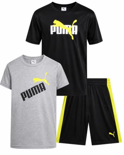 Image of PUMA Boys Active Shorts Set - 3 Piece Performance T-Shirt, Dry Fit Tank Top, and Gym Shorts - Activewear Set for Boys (4-16)