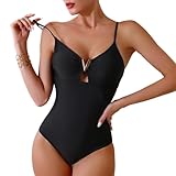 Badeanzug Damen Bauchweg V Ausschnitt Bademode Damen Sexy Push up Shape Monokini Verstellbarer Schultergurt Madeanzug Curvy Tiefer Rückenausschnitt mit Cups Schwarz M