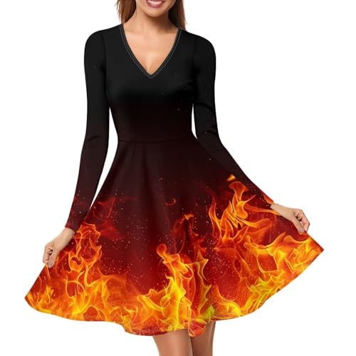 QUJUFOZY Womens Flame Fire Dress - Long Sleeves V-Neck A-Line Plus Size Halloween Themed Polyester Medium