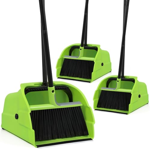 (3PK) Jumbo Commercial Broom and Dustpan Set with Large Standing Scoop Dustpan and Heavy Duty Broom Long Handle for Indoor/Outdoor Floor Cleaning Janitor Supplies