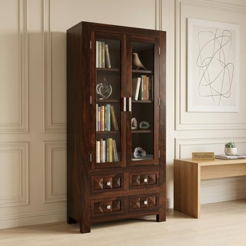 Image of Sheesham Wood Bookcases with 4 Shelves 4 Drawer - Wooden Kitchen Crockery Cabinet for Dining Room Kitchen with Glass Door Book Shelf Wooden Rack for Living Room (Henry Walnut)