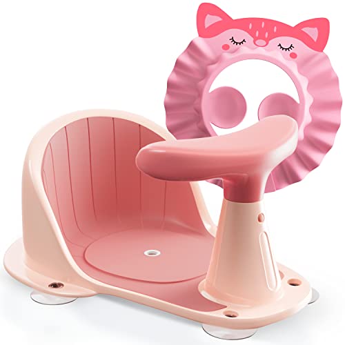 Baby Bath Seat with Suction Cups and Backrest for Infants - with Baby Shower Cap (Pink)