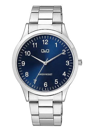 Q&Q Reloj de pulsera analógico para hombre de acero inoxidable, 3 bares, mecanismo de cuarzo, color plateado y azul, Pulsera