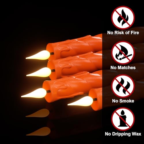 Image of Flickering Flameless Taper Candles with Remote and Timer, 2 Pack Battery Operated LED Taper Candles 3D Wick Plastic Dripping Effect Dinner Halloween Indoor Decor(Orange, 0.78 inch D x 9.65 inch H)