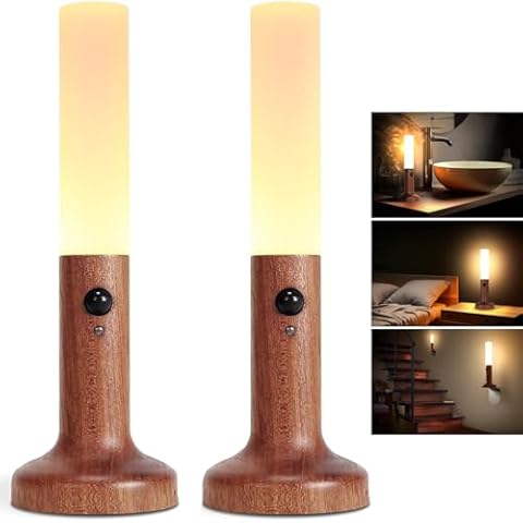 BEHOK 2 Pack LED Baton Wall Light Wooden Magnetic Motion Sensor Torch Night Lights, Wooden Luminasonic LED Wall Lights for Bathroom Kitchen Stairway, Baby Night Light Lumina Glow Torch - Sapele Cover