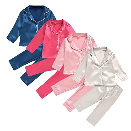 Little Baby Girl Boy Silk 𝐏ajamas Set Solid Color Long Sleeve Top Pants Button-Down 𝐏js 2 Pcs Satin Sl𝐞epwear Unisex3