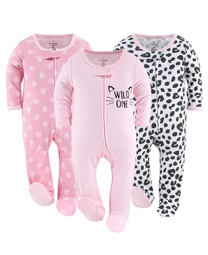 Image of The Peanutshell Footed Sleepers for Baby Girls, Cheetah & Pink Hearts, Newborn to 12 Month