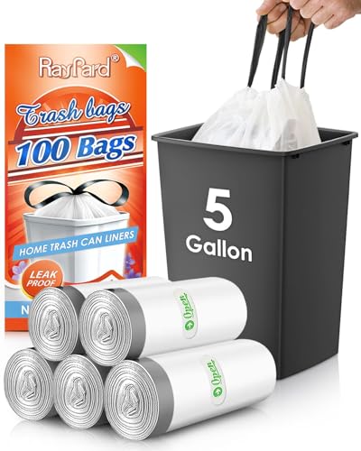 5 Gallon 100 Counts Strong Drawstring Trash Bags Garbage Bags by RayPard, Small Plastic Trash Bags fit 18-20L Trash Can for Home Office Kitchen Bathroom Bedroom, White Waste Basket Liners