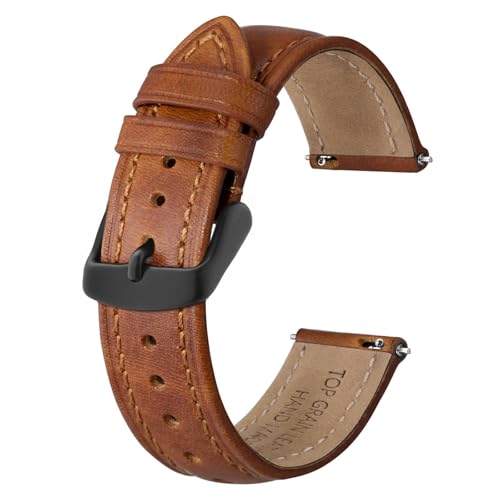 Image of BISONSTRAP Retro Leather Watch Straps for Men, Oil Waxed Calfskin Replacement Band, Quick Release, 18mm, Toffee Brown (Black Buckle)