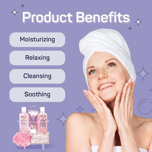 SpaLife Cherry Blossoms Gift Set - 5-Piece Bath and Shower Caddie, Bubble Bath, Shower Gel, Bath Salts, Body Lotion, Relaxing Luxury At Home Spa Experience, Perfect Christmas Bath Gift for Women