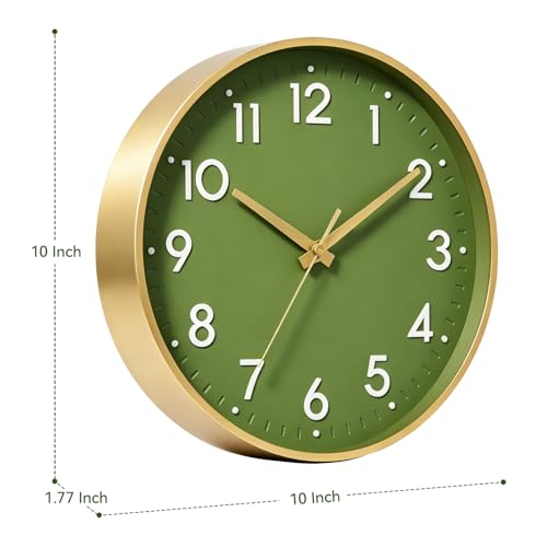 Image of Mosewa Wall Clock 10 Inch, Battery Operated Silent Non-Ticking Modern Analog Clock Decorative for Kitchen, Bedroom, Office(Olive Green and Gold)