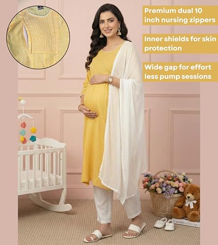 Image of DUMMY SHAPE Feeding Kurta Set for Women Cotton Blend | Floral Embroidered Pregnancy Kurta Pant Dupatta with Nursing Zippers | Pre & Post Partum | Maternity Dresses | Mom to Be Gifts